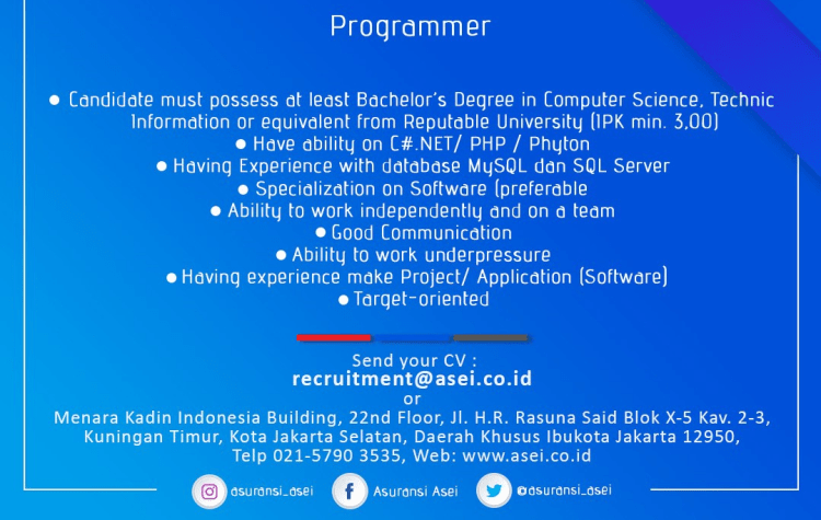 Dikutip dari situs job street saat ini pt asuransi asei indonesia tengah membuka lowongan kerja (loker) untuk posisi staff teknik dan . Lowongan Kerja S1 Pt Asuransi Asei Indonesia Tahun 2019